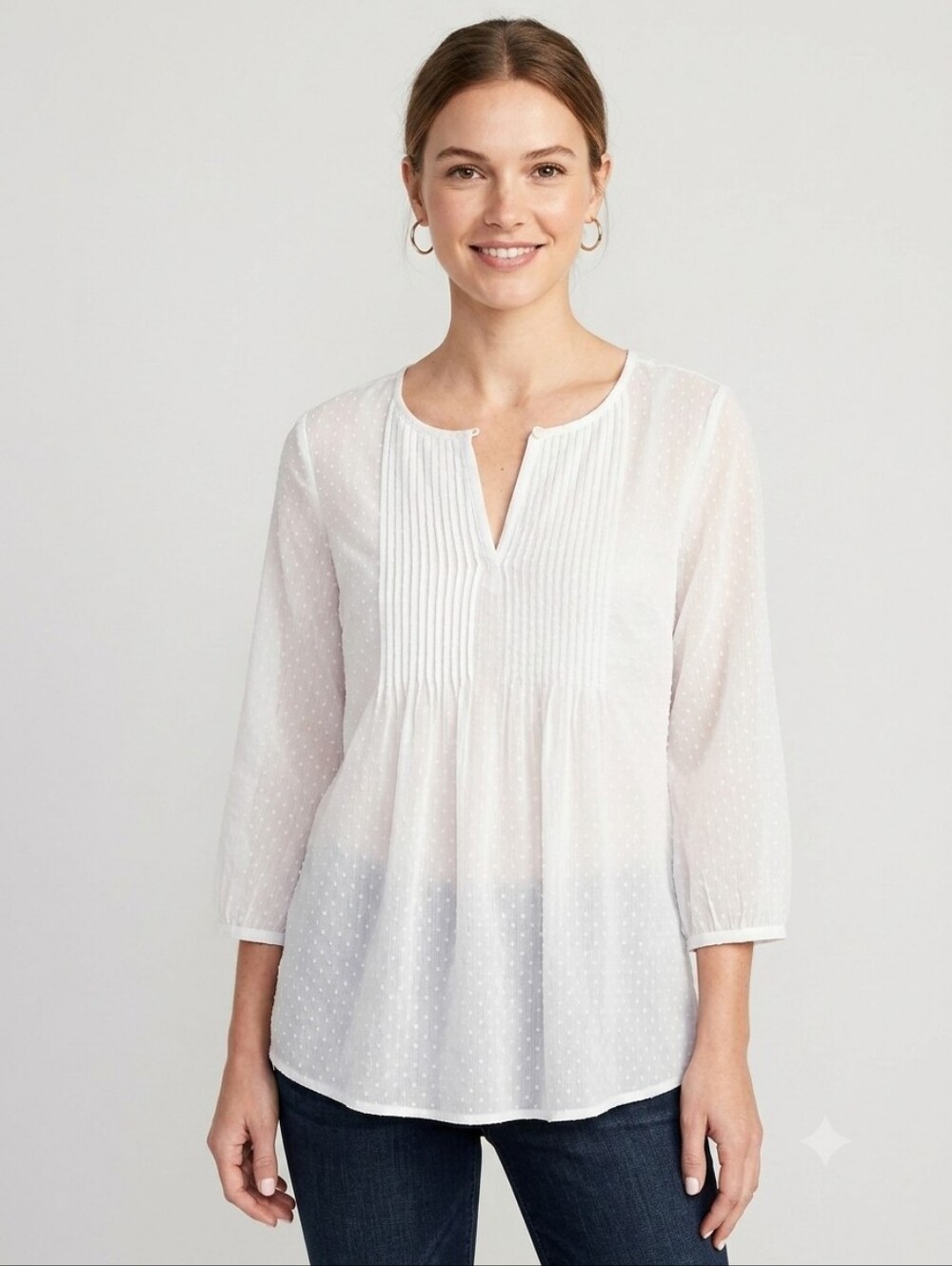 Old Navy Cream Textured Swing Blouse Chiffon Dobby Dot Large Boho Festival